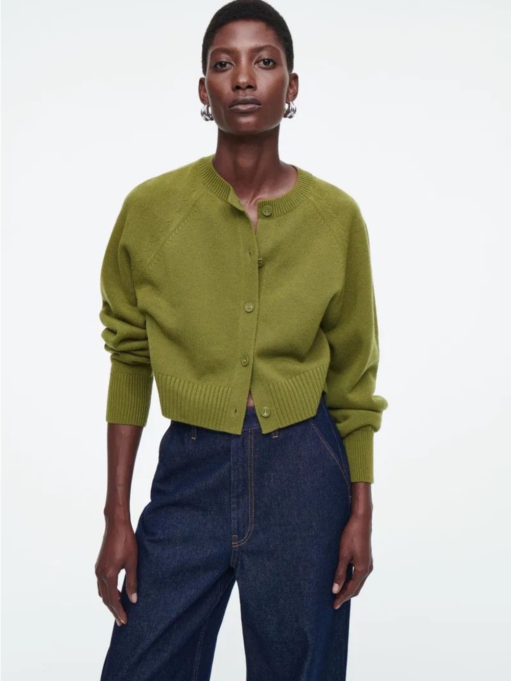 COS Cropped Wool Cardigan Olive Green Retro Button-up Oversized Y2K Designer